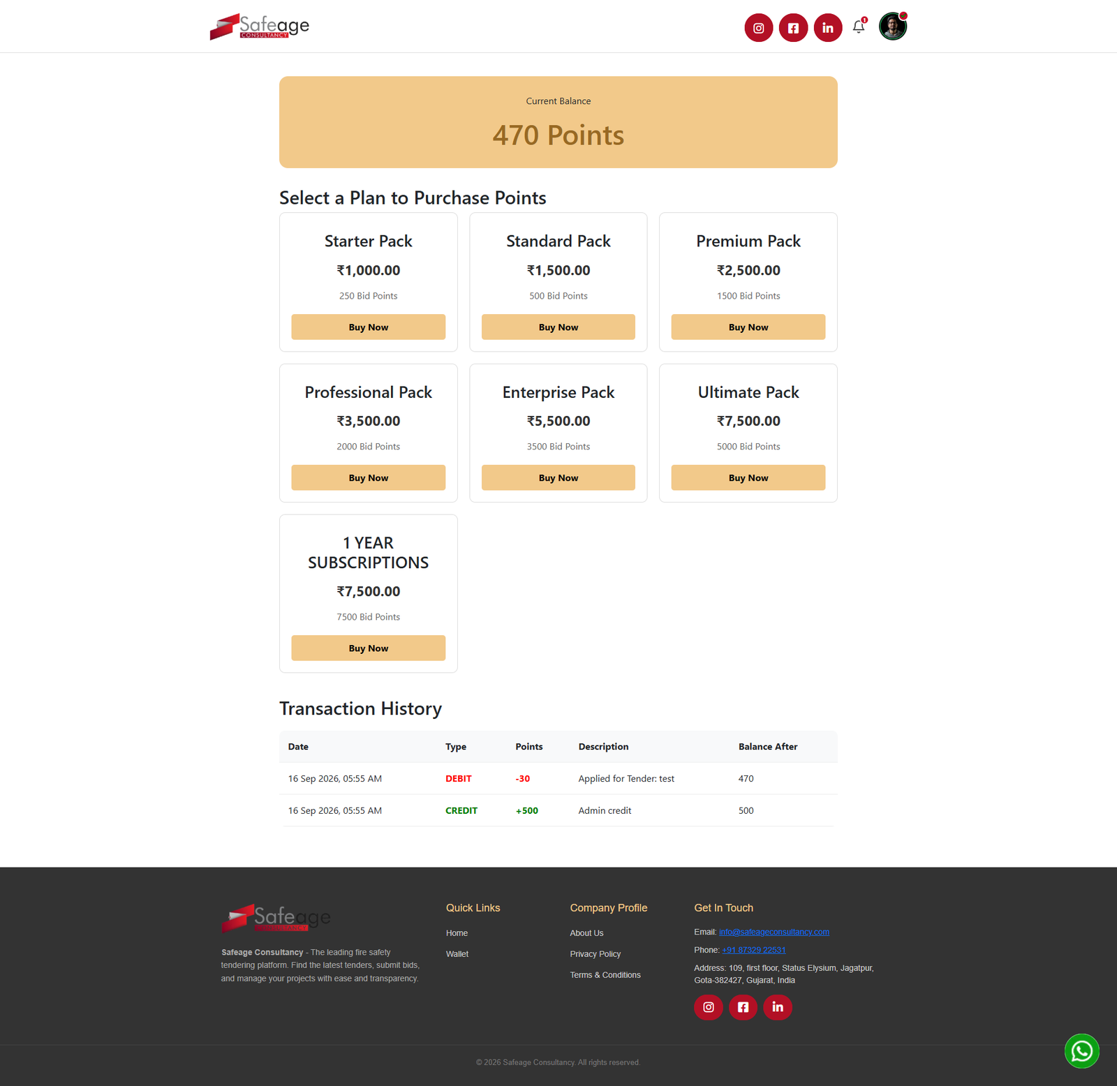 Points packages and transaction history