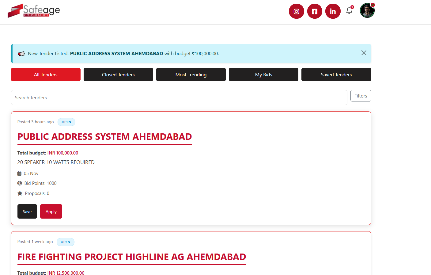Available projects screen